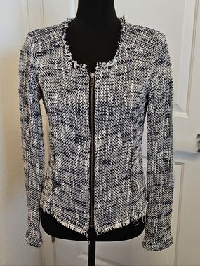 Joie Navy Blue, Gray and White Tweed Zip-Front Blazer size small.